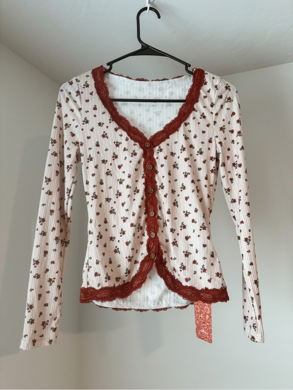 Floral Long-Sleeve Cardigan with Lace Trim